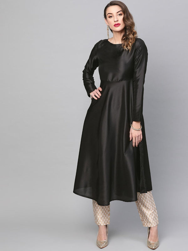 Women's  Black Solid Satin Finish Anarkali Kurta - AKS