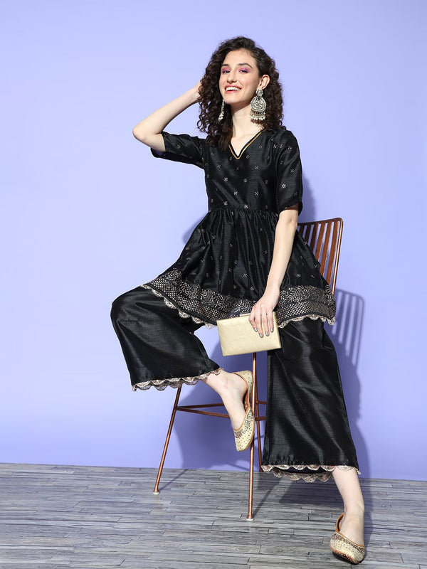 Black & Golden Printed Empire Gotta Patti Kurti with Palazzos