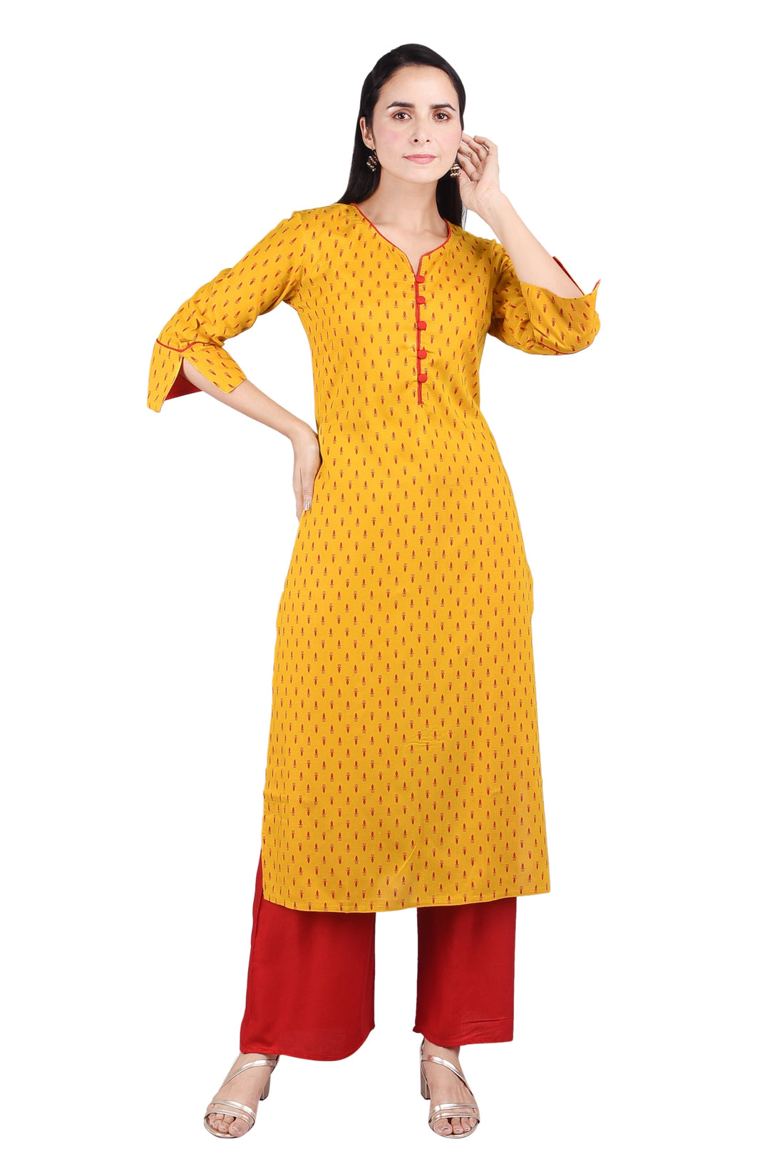 Women's Yellow Rayon Straight Kurti With Red Pocket Palazo Set (Skf053) - Deckedup