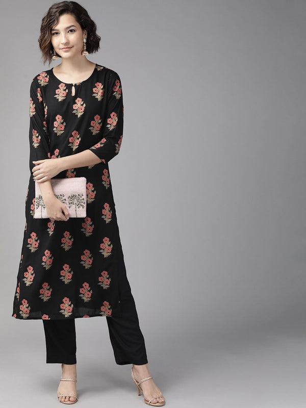 Women's Black & Pink Printed Kurta Set - Yufta