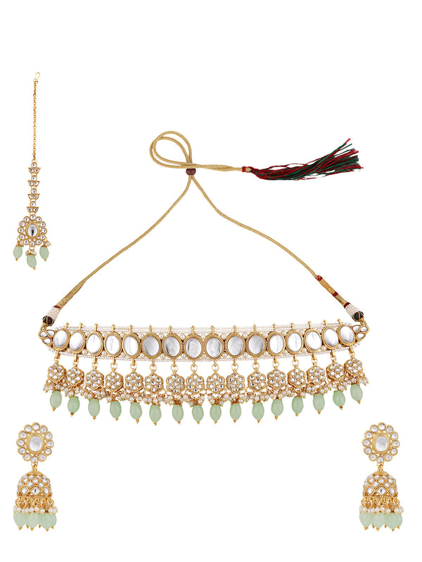 Women's Traditional Sea Green Kundan Stone Brass Choker Set - Anikas Creation