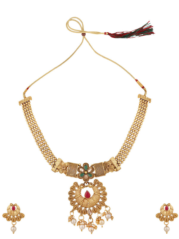 Women's Gold Plated Traditional Filgaree Stone And Pearl Brass Necklace With Earring - Anikas Creation