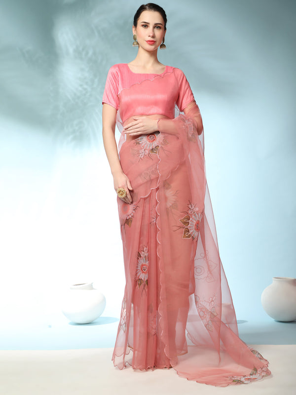 Women's Peach Party Wear Organza Saree Cutwork Border - Vamsee