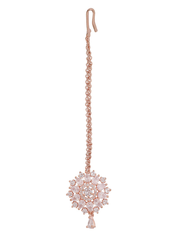 Women's Rose Gold-Plated White Cz & Ad-Studded Hand Crafted Maangtikka - Anikas Creation