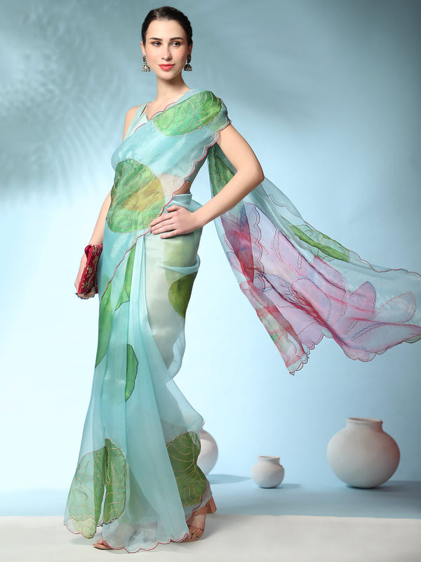 Women's Sky Blue Party Wear Organza Saree Cutwork Border - Vamsee