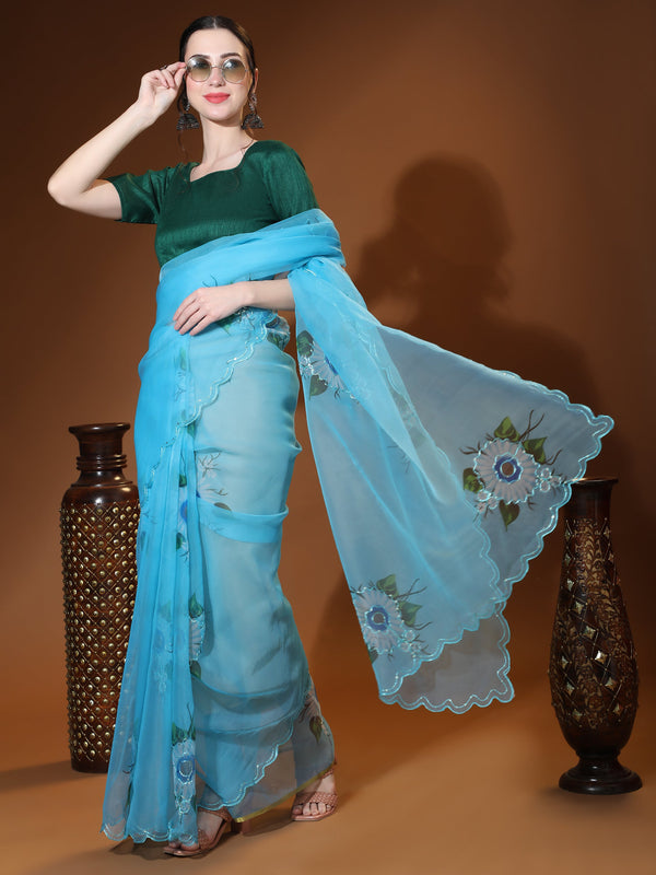 Women's Sky Blue Party Wear Organza Saree Cutwork Border - Vamsee