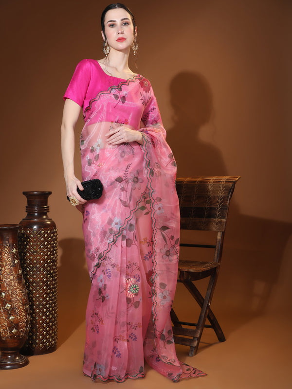 Women's Pink Party Wear Organza Saree Cutwork Border - Vamsee