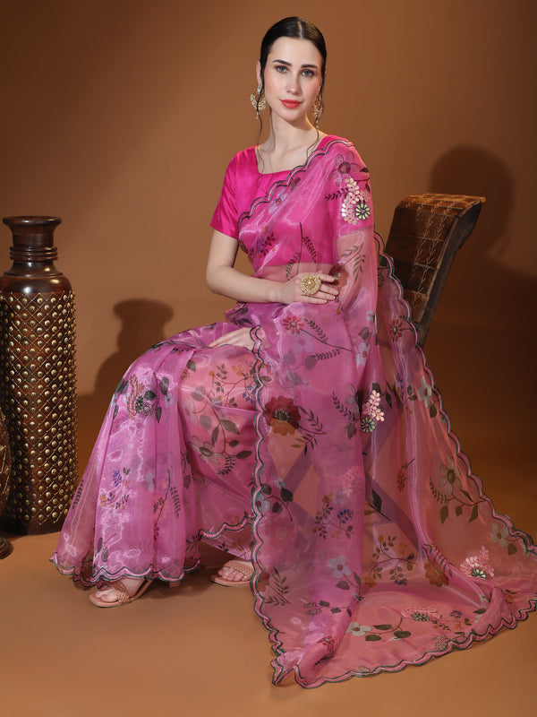 Women's D.Pink Party Wear Organza Saree Cutwork Border - Vamsee