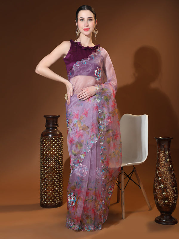 Women's Purple Party Wear Organza Saree Cutwork Border - Vamsee