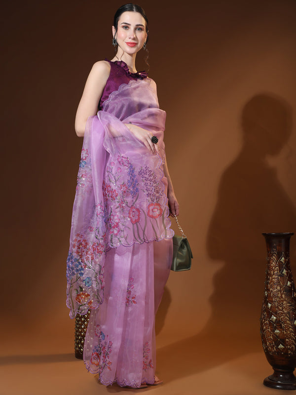 Women's Lavender Party Wear Organza Saree Cutwork Border - Vamsee