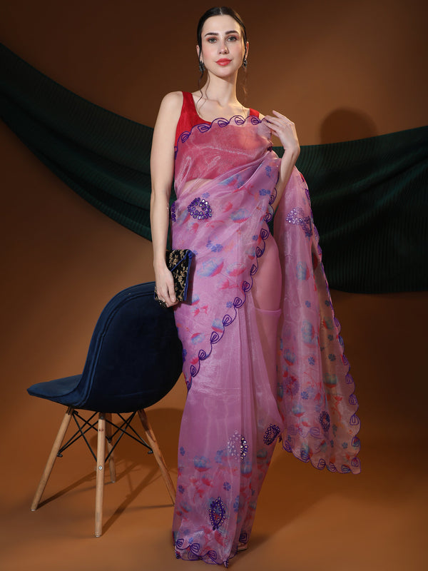 Women's Lavender Party Wear Organza Saree Cutwork Border - Vamsee