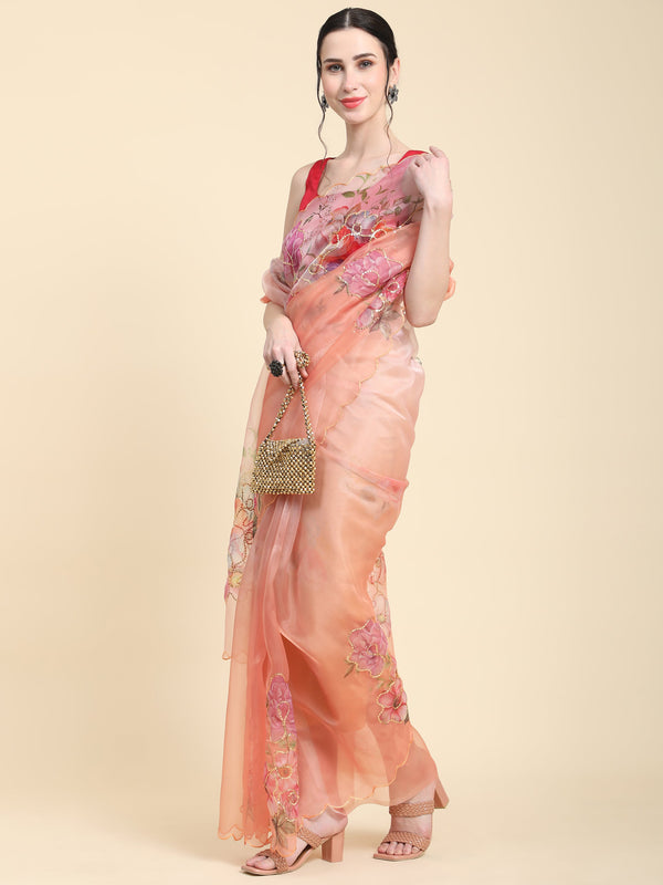 Women's Orange Party Wear Organza Saree Cutwork Border - Vamsee