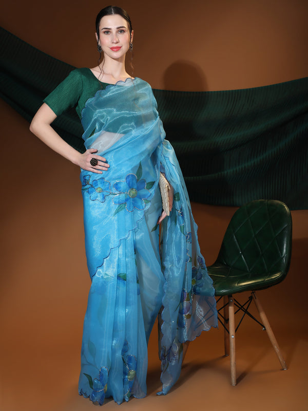 Women's Blue Party Wear Organza Saree Cutwork Border - Vamsee