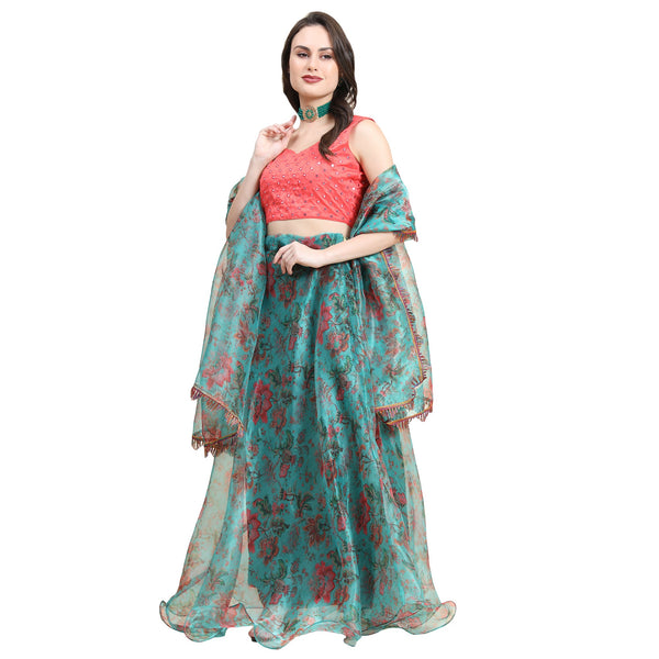 Women's Firozi color Semi-Stitched  Lehenga Choli with Dupatta - Embro Vision