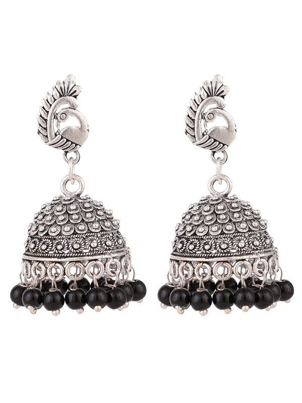 Women's Oxidised Silver Stylish Peacock Shaped Black Pearl Jhumka - Anikas Creation