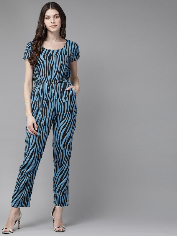 Women's  Blue & Black Animal Print Basic Jumpsuit - AKS