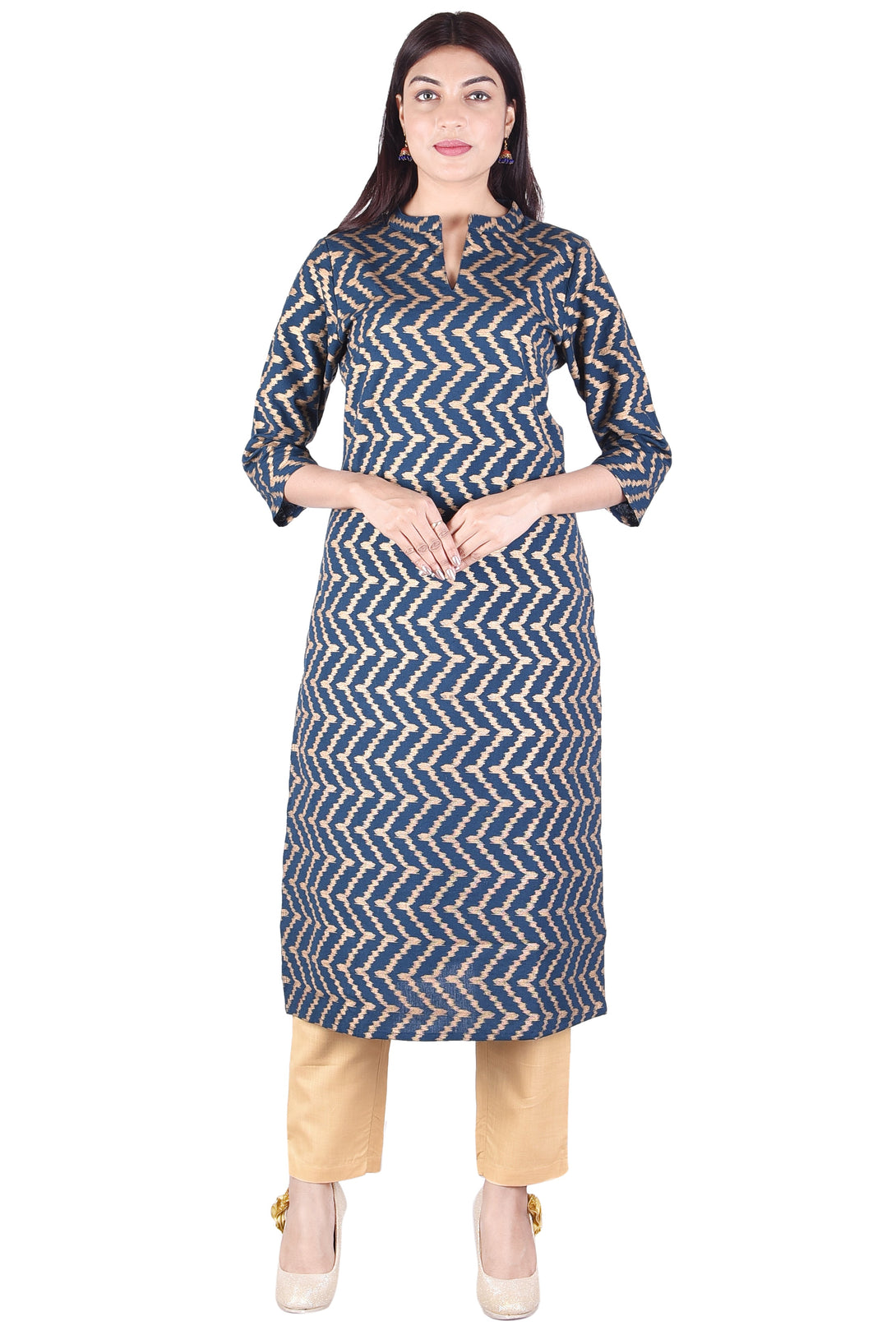 Women's Gold Printed Cotton Flex Straight Kurti - Deckedup