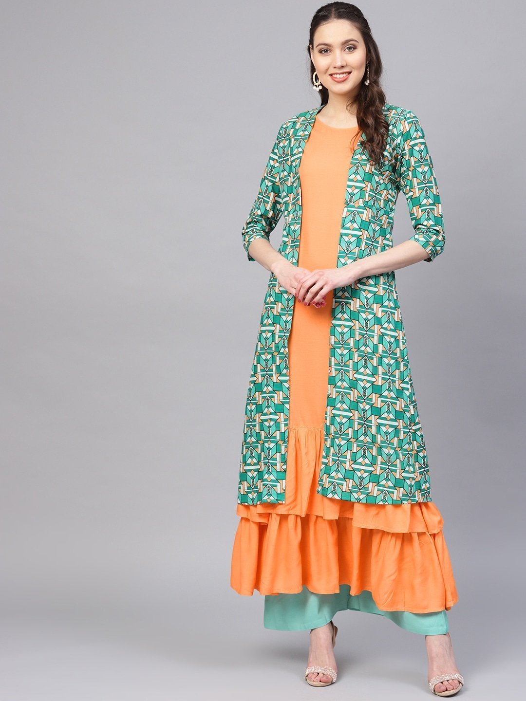 Women's Orange & Green A-Line Kurta - Yufta