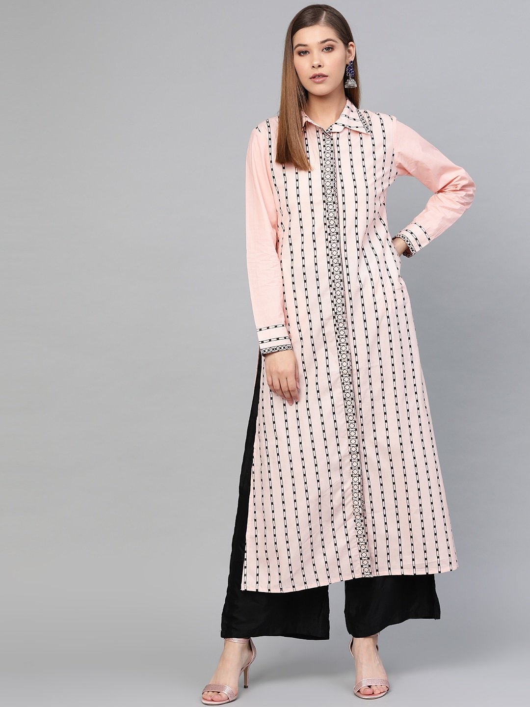 Women's Peach & Black A-Line Kurta - Yufta