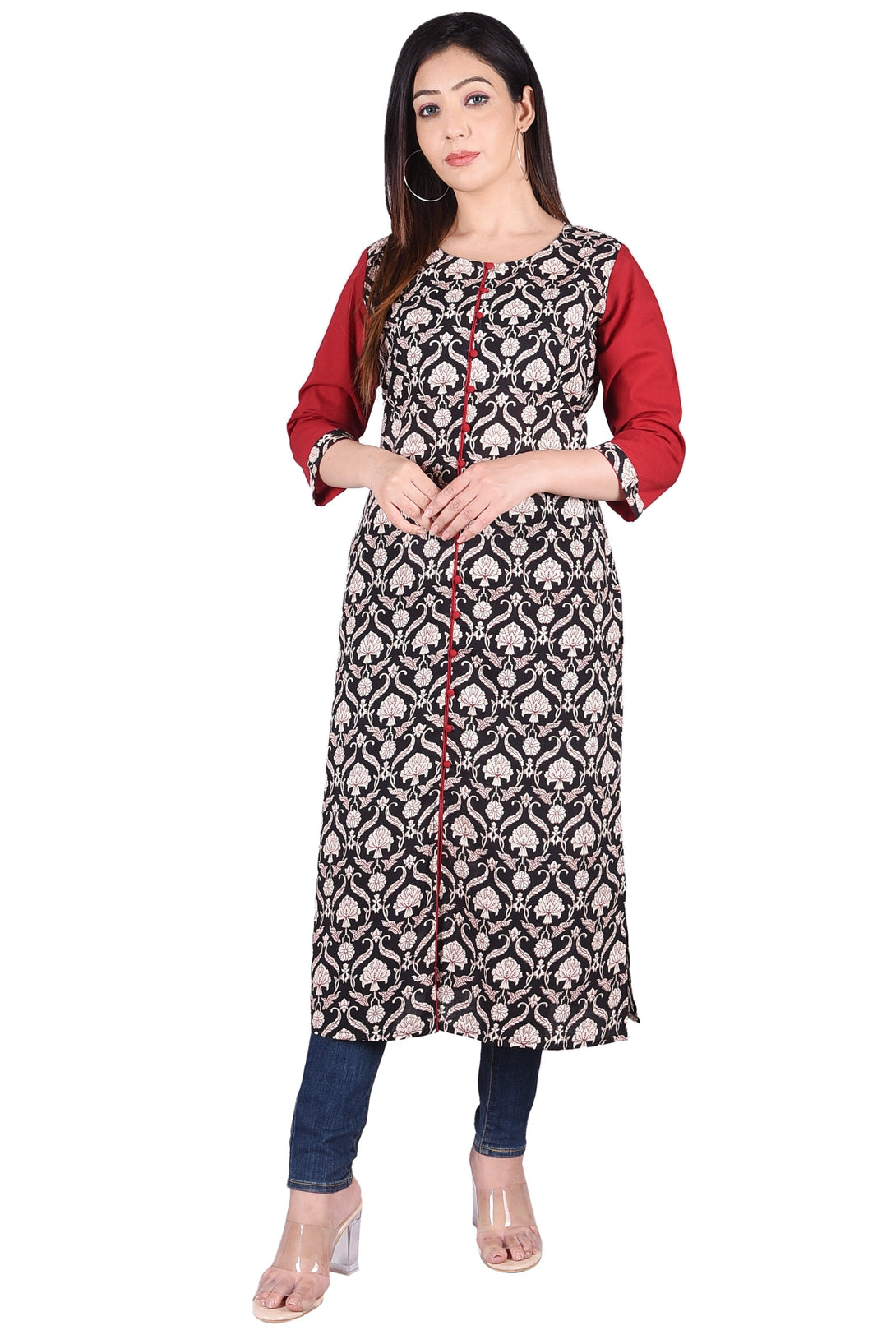 Women's Deckedup-Cotton Printed Black Boat Neck Kurta - Deckedup