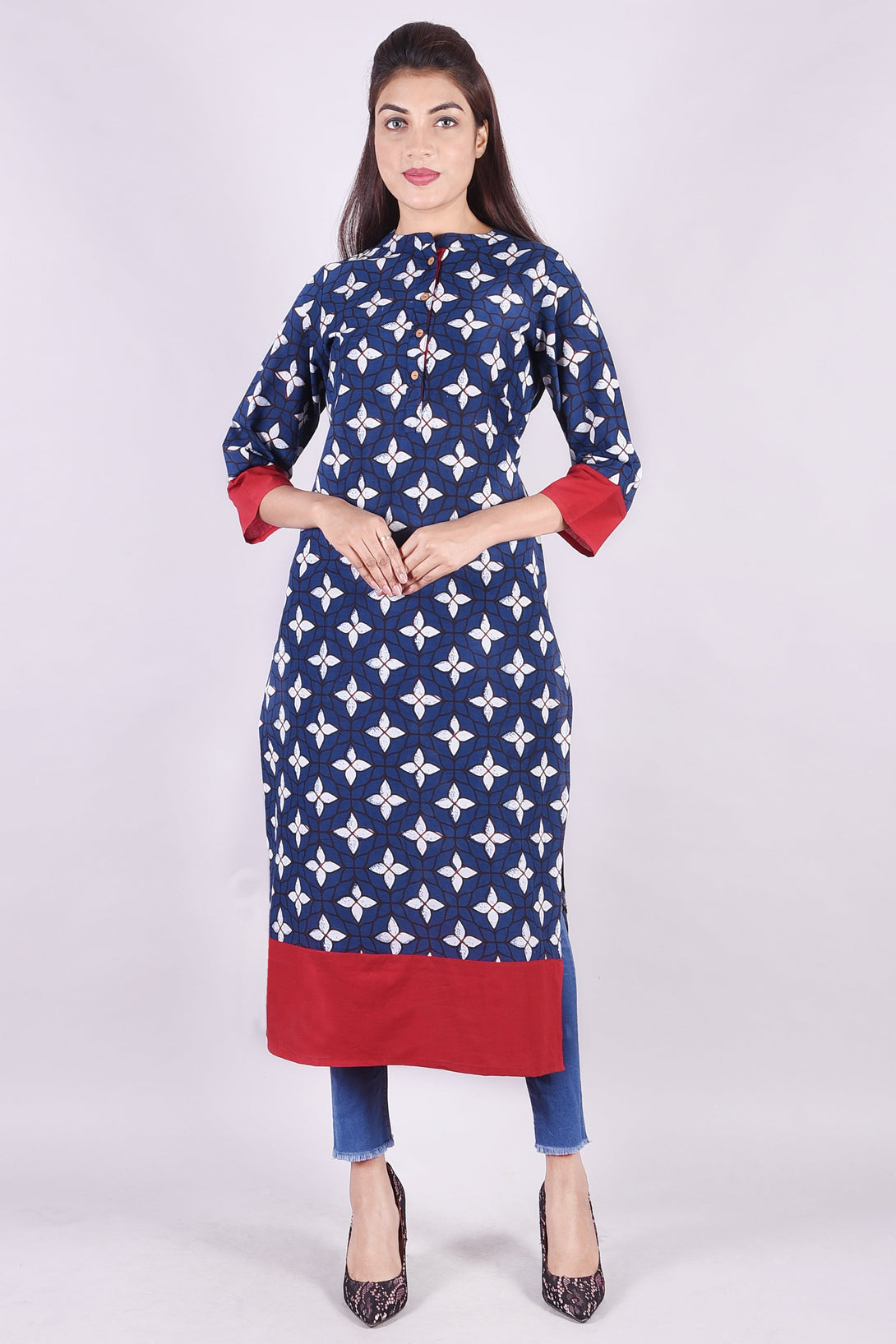 Women's Deckedup-Cotton Printed Blue Collar Neck Kurta - Deckedup