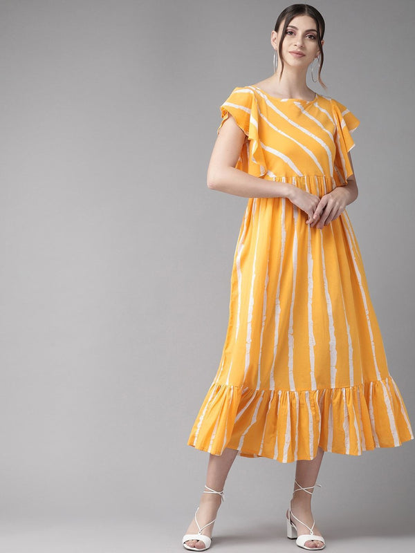 Women's  Mustard Yellow & White Striped A-Line Dress - AKS