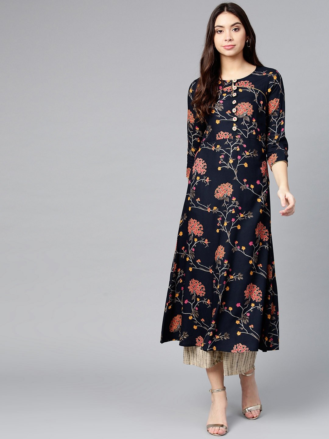 Women's Navy & Pink Printed Kurta - Yufta