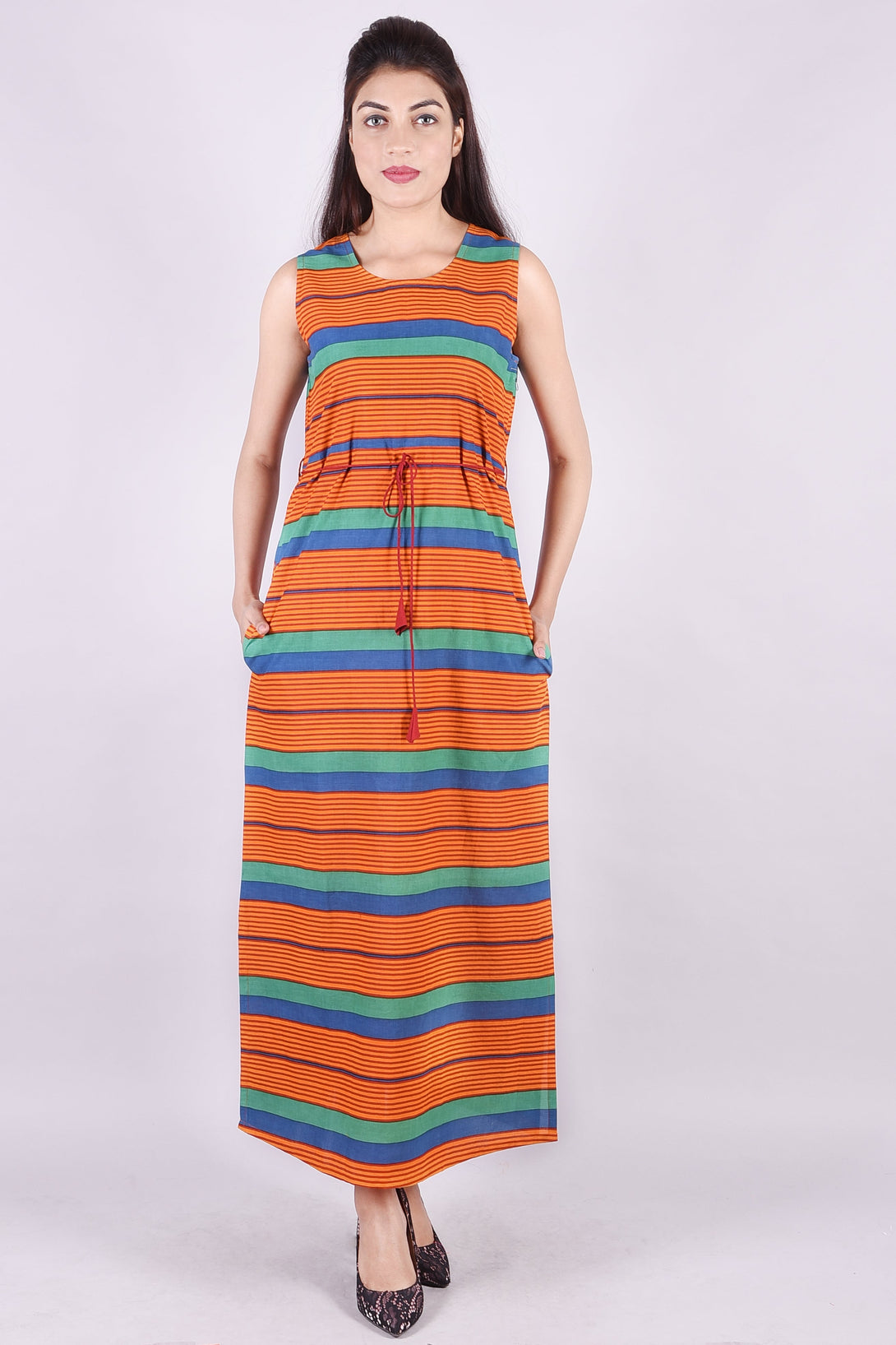 Women's Deckedup-Cotton Block Printed Orange Round Neck Maxi Dress (Skf072) - Deckedup