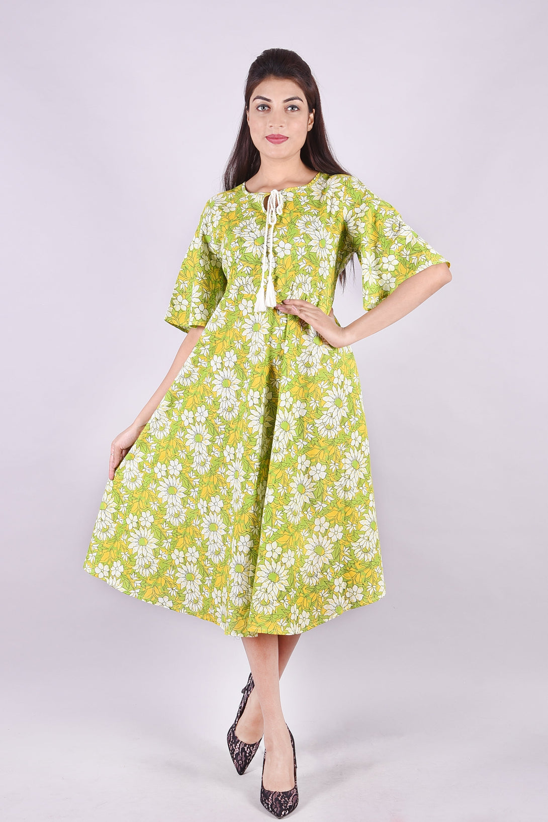 Women's Deckedup-Cotton Floral Printed Green Round Neck Dress (Skf073) - Deckedup