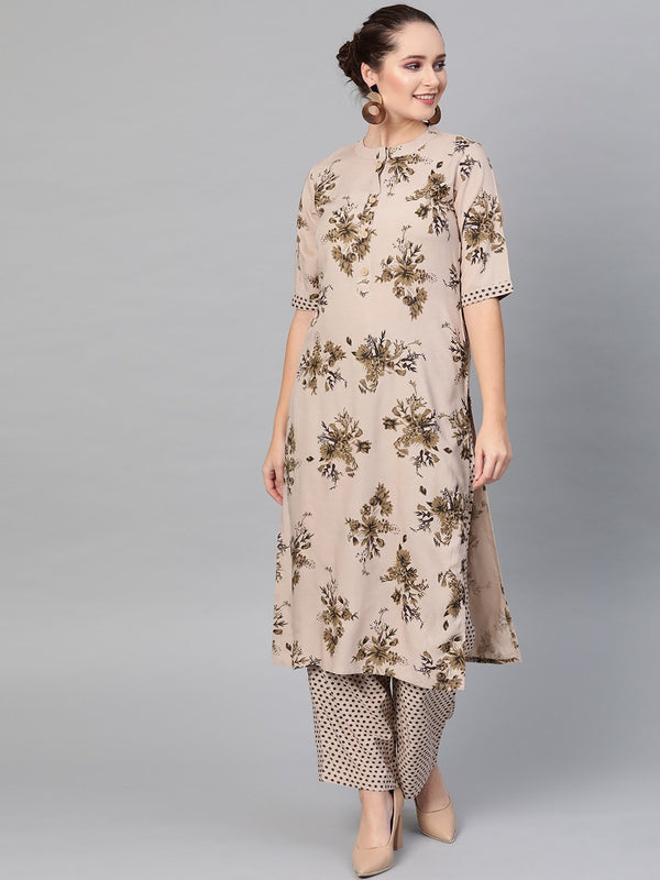 Women's  Beige & Brown Printed Straight Kurta with Palazzos - AKS