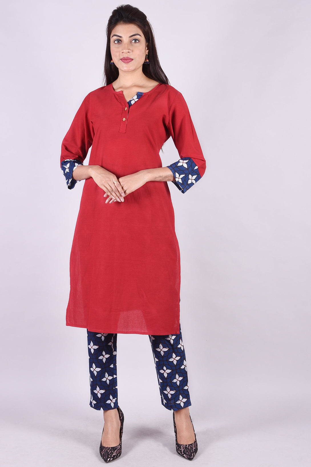 Women's Deckedup-Cotton Solid Maroon Maroon-Blue Round Neck Kurta And Pant Set (Skf077) - Deckedup