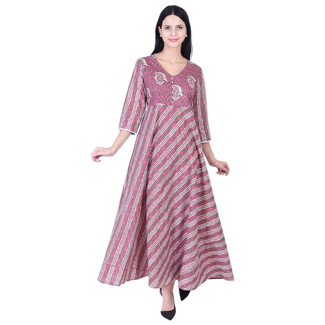 Women's Pure Cotton Pink And White Floral Printed Flared Long Dress (Skf007) - Deckedup