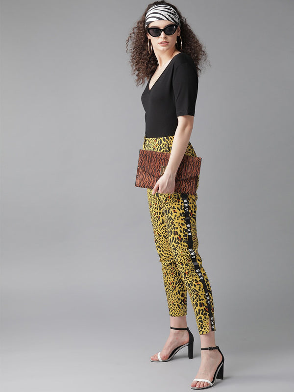 Women's Yellow Animal Print Cigarette Trouser - Aks