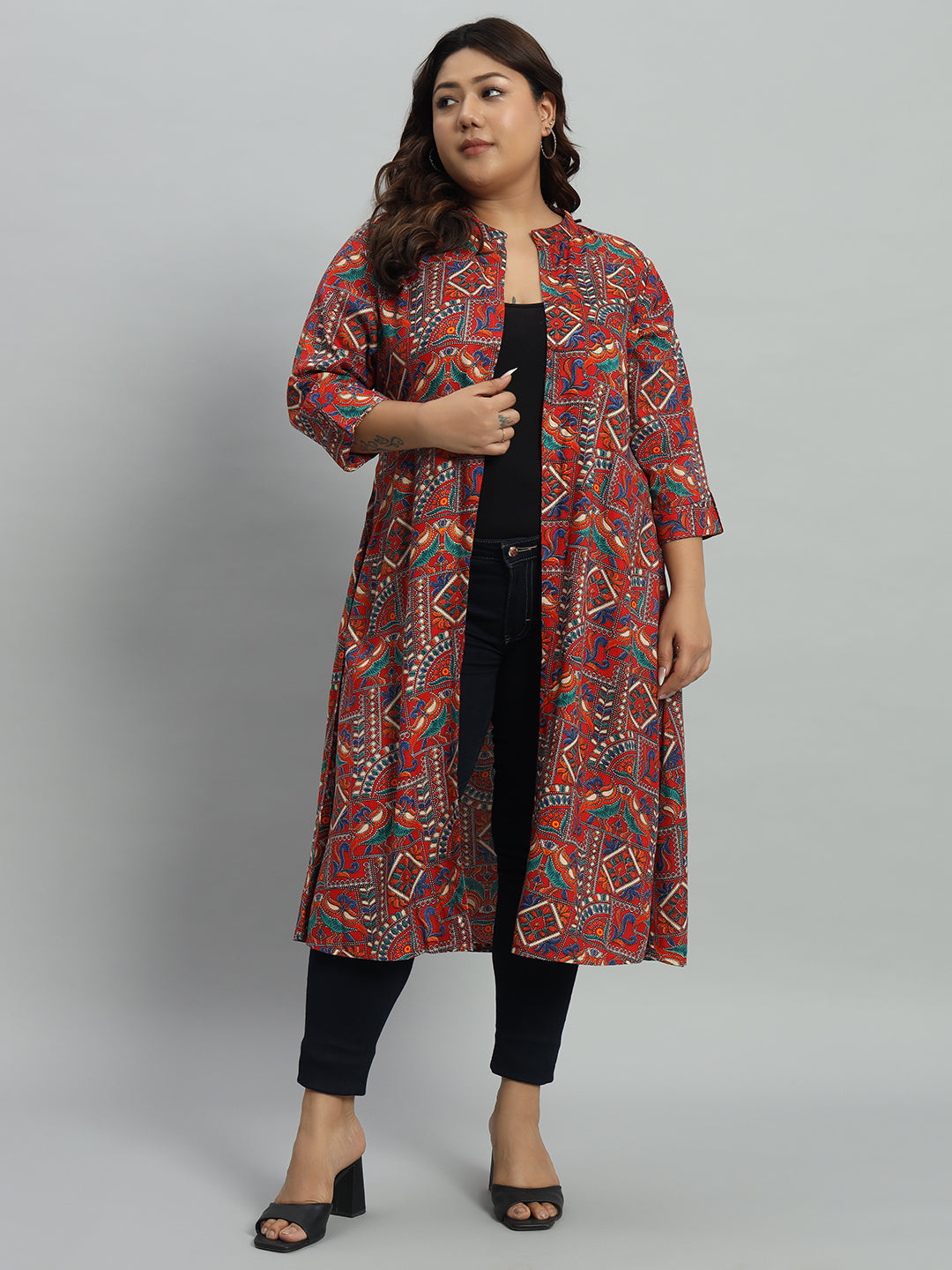 Women's Red Viscose Rayon Abstract Printed Shrug  - Azira