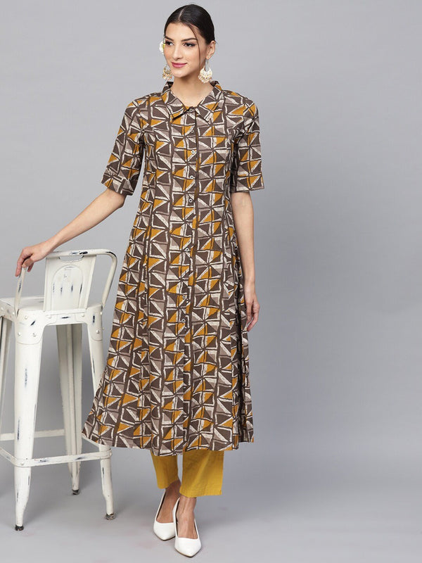 Women's  Taupe & Mustard Printed A-Line Kurta - AKS