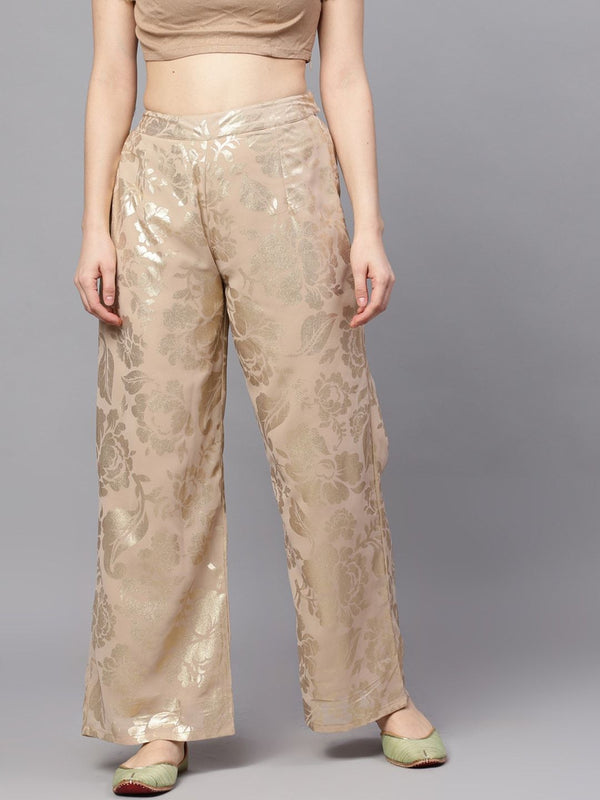 Women's  Beige & Gold-Toned Self Design Wide Leg Palazzos - AKS