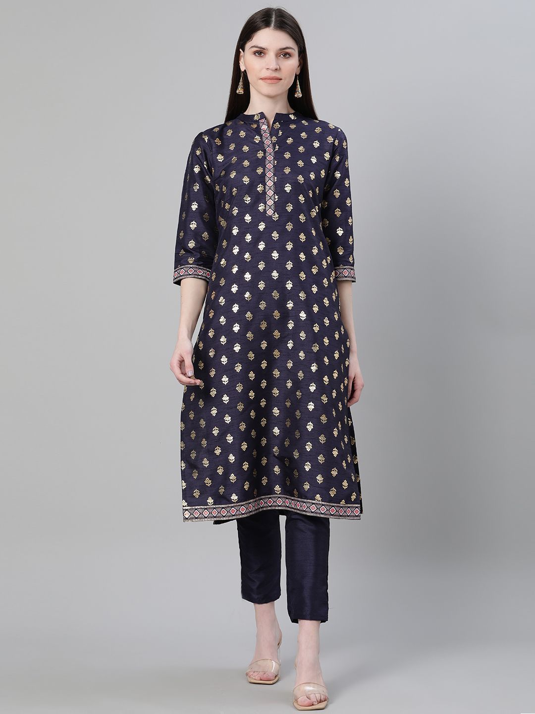 Women Navy Blue Printed Kurta and Pant Set by Ziyaa (2 Pc Set)