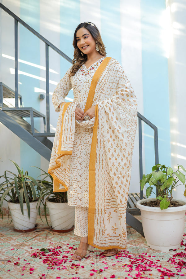 Women's Yellow Printed On Cream Hand Work Cotton Kurta Set With Dupatta - Benaaz