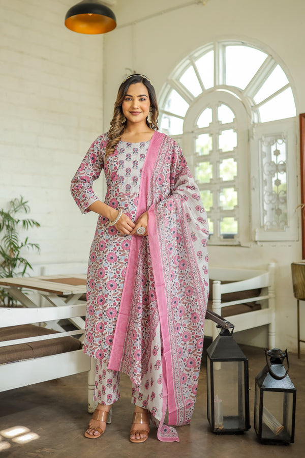 Women's Floral Print Hand Work Cotton Kurta Three-Piece Set - Benaaz