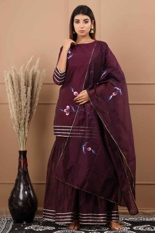 Women's Zubeida Hand Painted Chanderi Kurta Sharara And Dupatta - Saras The Label