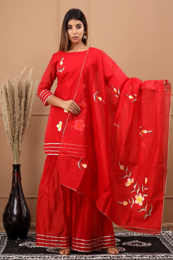 Women's Shalvi Hand Painted Chanderi Kurta Sharara And Dupatta - Saras The Label