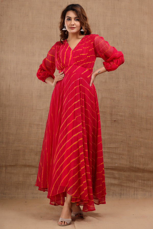 Women's Laado Leheriya Red Dress With Cotton Lining - Saras The Label