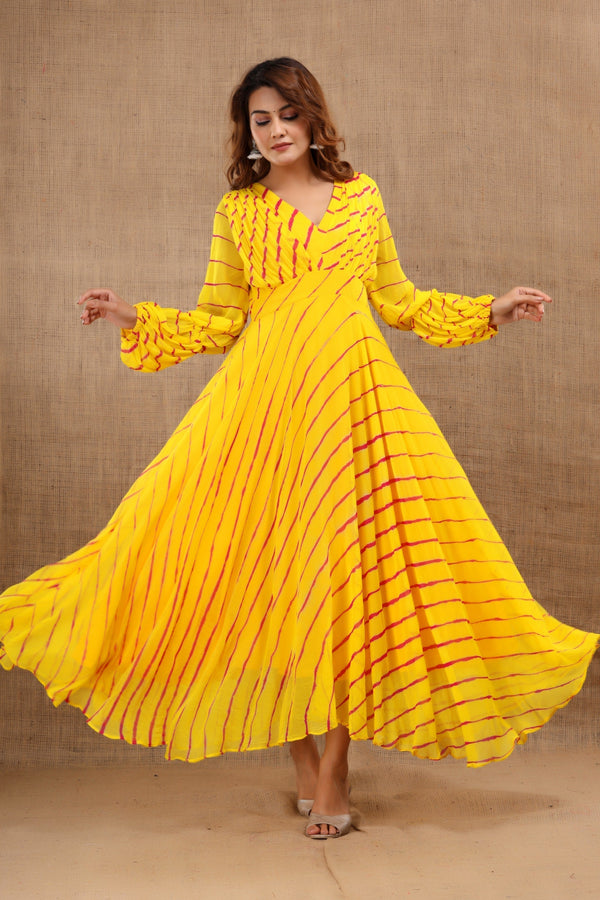 Women's Balika Leheriya Yellow Dress With Cotton Lining - Saras The Label