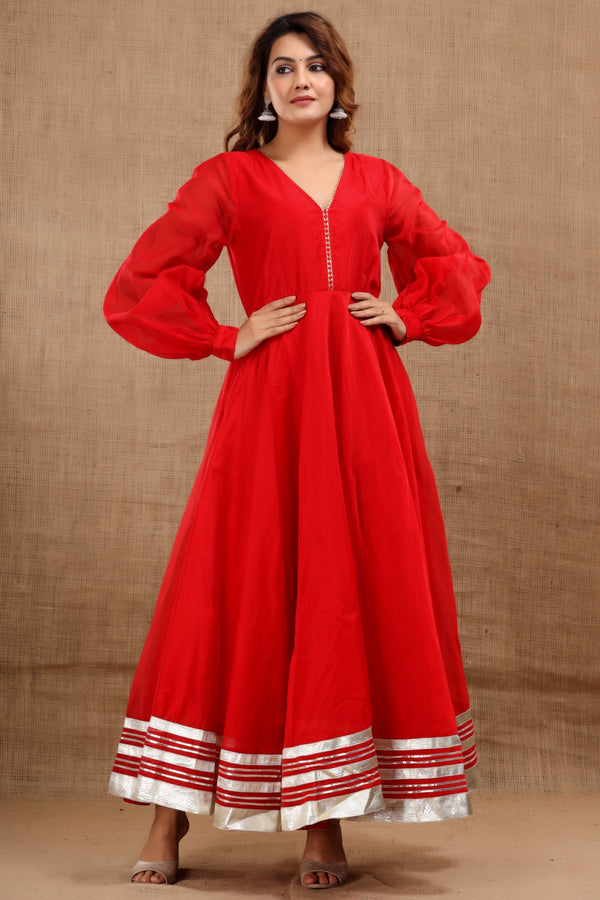 Women's Shardha Hand Gota Work Red Dress - Saras The Label