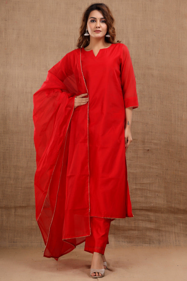 Women's Niharika Chanderi Red Suit Dupatta Set - Saras The Label