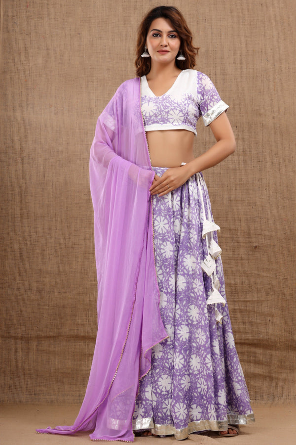 Women's Rasmo Hand Block Printed Linen Purple Lehenga Set - Saras The Label