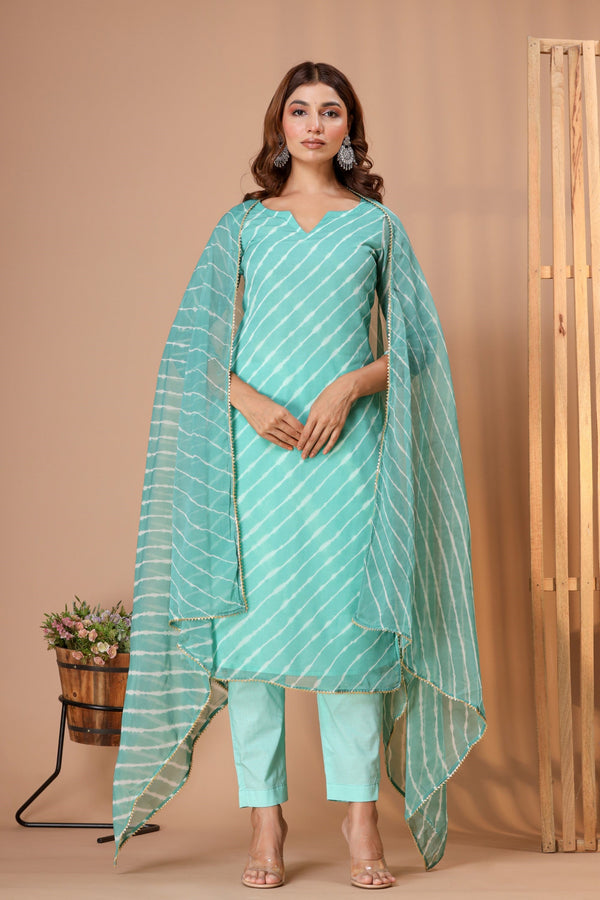 Women's Sky Blue Leheriya Suit Set - Saras The Label