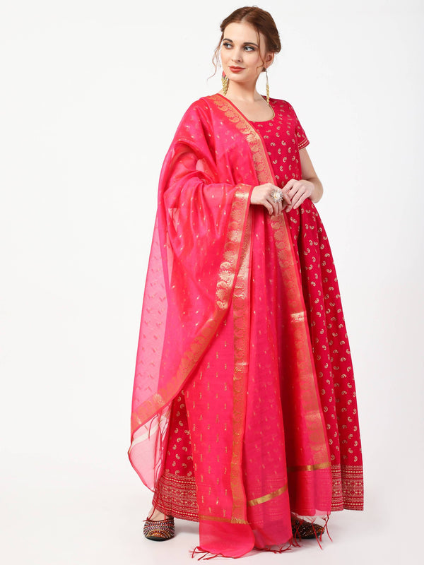 Women's Deep Pink Cotton & Silk Hand Block Print Long Dress With Silk Dupatta Set - Cheera