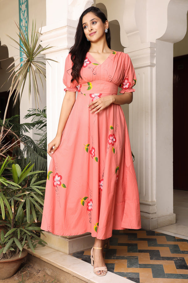 Women's Burnt Peach Hand Painted Flared Cotton Dress - Hatheli