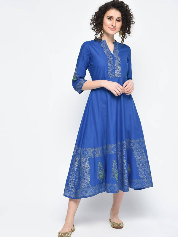 Women's Royal Blue Hand Block Print Straight Kurta Only - Cheera